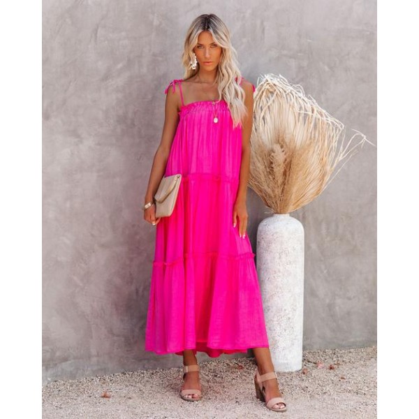 Catch The Sun Tiered Midi Dress - Hot Pink