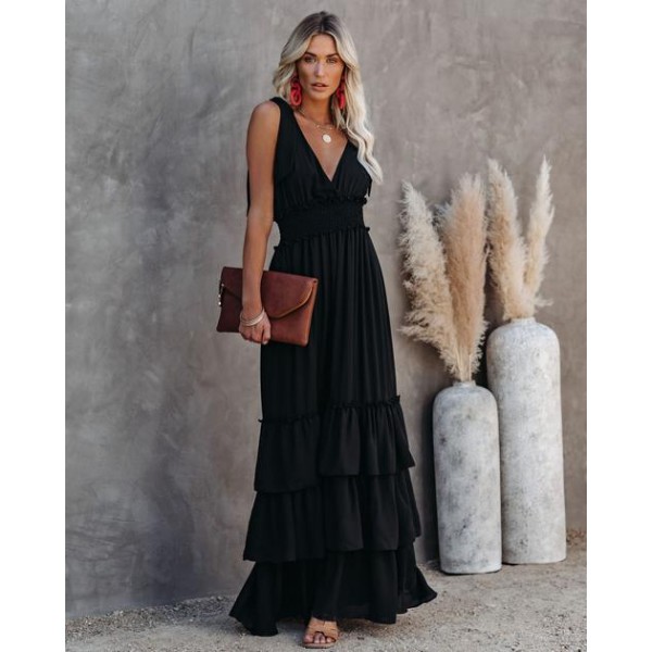 Formal Introduction Ruffle Tiered Maxi Dress - Black