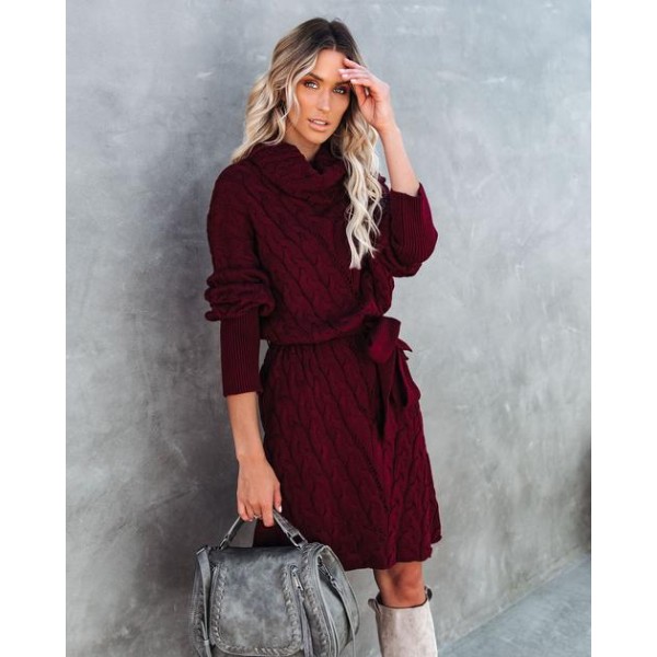 Rivington Cotton Blend Cable Knit Sweater Dress - Wine - FINAL SALE