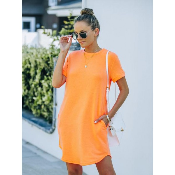 Nial Pocketed Knit T-Shirt Dress - Neon Orange