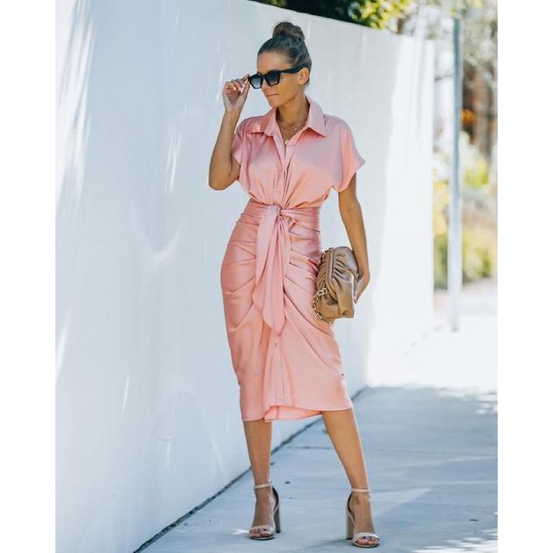 Meryl Satin Tie Front Midi Dress - Peach Pink