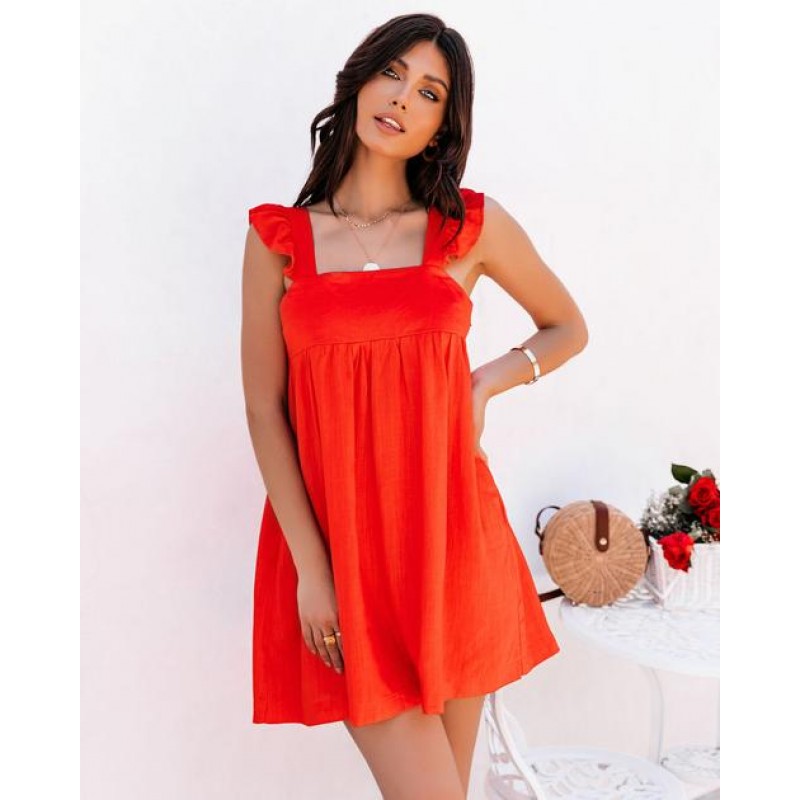 Emilija Linen Blend Pocketed Babydoll Dress - Tomato Red