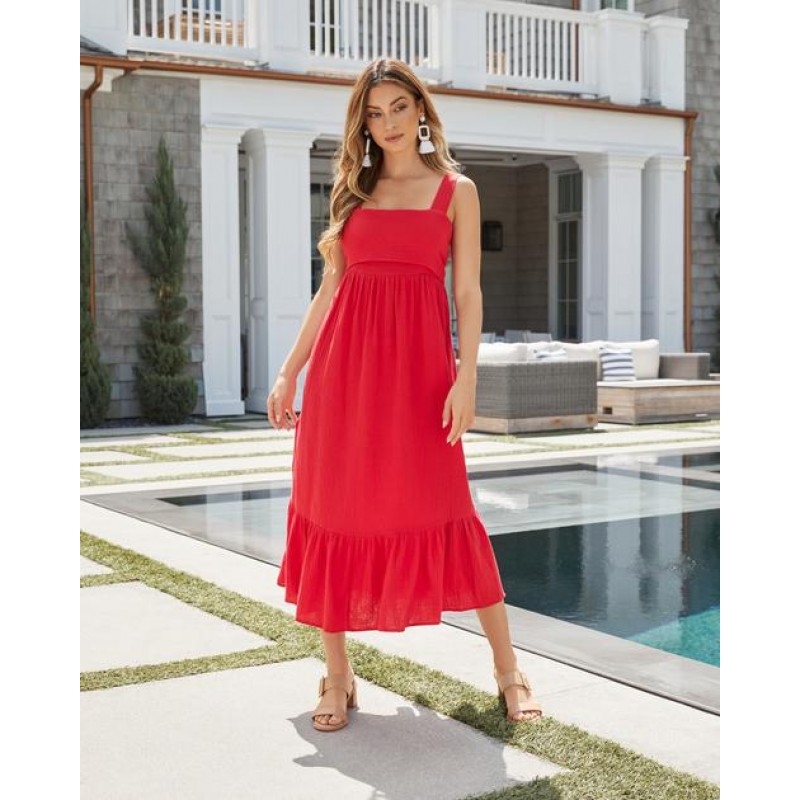 Taysha Cotton Pocketed Midi Dress - Red